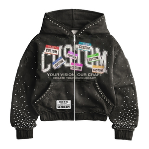 Sudadera con capucha de algodón de alta calidad de 400 g/m², extragrande, de corte holgado y corto, con cremallera, personalizada, con pedrería, fabricante de sudaderas con cremallera. - Product Image 4