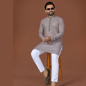 Designer Cotton <b>Kurta</b> <b>Pajama</b> Set with Lucknowi Work And Digital Print Weaving Silk Neck Design Antique Buttons - Product Image 1