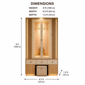 Mandir Tradicional de Madera Rectangular de Lujo para el Hogar, con Luces LED, Puertas de Vidrio Acanalado, Cajones de Almacenamiento, Taburete para Sentarse, Mandir para Pooja - Product Image 2