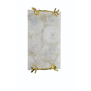 Plateau de service rectangulaire décoratif en marbre blanc naturel de haute qualité avec poignées en métal feuille de fougère dorée, écologique pour la maison - Product Image 4