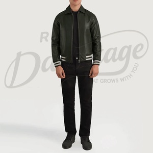 เสื้อแจ็คเก็ตหนังแท้สีเขียวเข้มสำหรับผู้ชาย คอปกเสื้อเชิ้ต สไตล์วาร์ซิตี้ บอมเบอร์โค้ท แขนเสื้อแบบริบแถบลายทาง ทรงเข้ารูป - Product Image 3