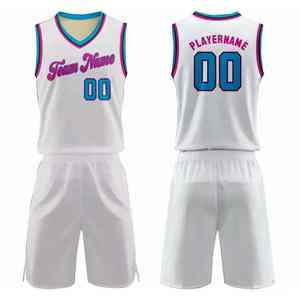 Ensemble de maillots de basket personnalisés, col en V, sans manches, sublimés, blanc, rose, bleu, bordure respirante, évacuation de l'humidité, 100% polyester, adulte - Product Image 1