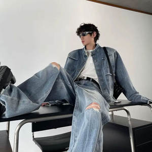 Conjunto de Mezclilla Vintage de 2 Piezas para Hombre y Mujer, Chaqueta Lavada con Degradado Retro Americano + Jeans de Diseñador Desgastados, Estilo Gótico Punk Urbano - Product Image 5