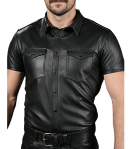 Chemise à col campiste en similicuir surdimensionnée pour homme, manches courtes, boutonnée, avec poches cargo, t-shirts pour homme - Product Image 1