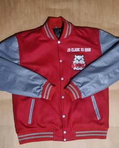 High Varsity <b>Jacket</b> Red Gray Nylon/Cotton Sleeve Embroidered Letter Pattern Stand Collar Men's Casual Winter <b>Jacket</b> - Product Image 4