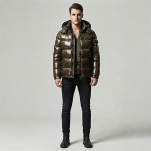 Luxury Style Dark Green Glossy Bubble Puffer Jacket Men Thick <b>Down</b> Filled Hooded Coat Wholesale Bulk Order Supplier - Product Image 3