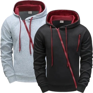 Men's Hooded Zip-Up Sweatshirt Solid Color Long Sleeve Casual Regular Fit Autumn Wear Red Lining Polyester Cotton Blend 2027 - Product Image 1