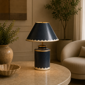 Midnight Canister Metal Table <b>Lamp</b> with Scalloped <b>Shade</b> Premium Iron Construction Warm Ambient Lighting for Refined Homes - Product Image 1