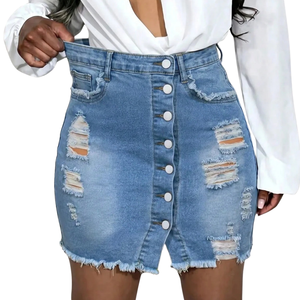 Jupe courte en jean déchiré taille haute pour femme, boutonnée sur le devant, coupe ajustée, délavage enzymatique, tissu respirant à séchage rapide, décontractée pour l'été - Product Image 1