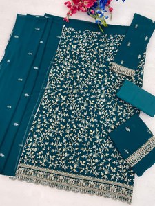 <b>Women's</b> <b>Teal</b> Embroidered Silk <b>Suit</b> With Dupatta Traditional Indian Pakistani Outfit Ankle-Length Regular Fit Wedding Wear - Product Image 3