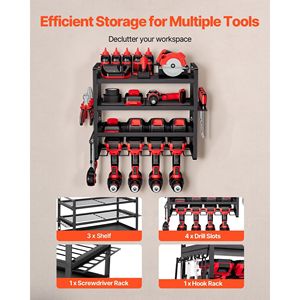 Organisateur mural pour outils électriques à 4 niveaux avec 4 supports pour perceuses, étagère de rangement pour tournevis et outils - Product Image 4