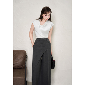 Pantalon décontracté taille haute gris à jambe droite avec fermeture éclair et bouton, teint uni, pour femme, automne, bureau, devant asymétrique LINDA - Product Image 4
