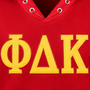 เสื้อฮู้ดดี้สีแดงทอง PDK สำหรับผู้หญิง ลายพวงหรีดดอกไม้ ตัวอักษรกรีก ด้านหน้ามีรูร้อยเชือก คอวี แขนเสื้อและชายเสื้อแบบมีแถบลาย สำหรับชมรมนักเรียน - Product Image 5
