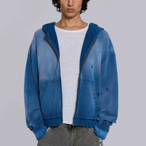 Custom Own Logo High Quality Heavyweight Distressed French Terry 400gsm Sun Faded Washed Blank Vintage Oversized <b>Zip</b> up Hoodie - Product Image 3
