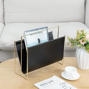 <b>Black</b> PU Leather & Stainless Steel Magazine Rack Minimalist <b>Black</b> Leather Magazine Rack With Gold Metal <b>Frame</b> - Product Image 2