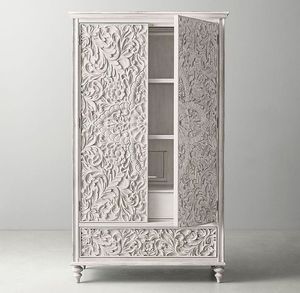 Luxury Handcrafted Solid Wood 2 Door <b>Wardrobe</b> Ornate Floral Carving Distressed White Finish Armoire - Product Image 1
