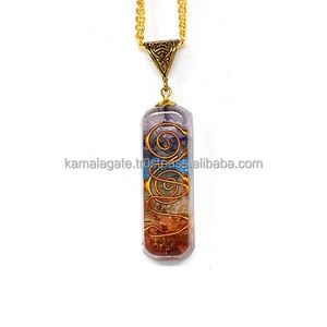 Collier pendentif rectangulaire fait main écologique, stimulateur d'énergie 7 chakras, avec breloques en pierre de cristal et bobine de cuivre, tendance - Product Image 1