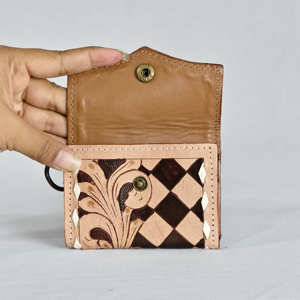 Handmade Genuine Leather <b>Card</b> Holder Brown Black Checkered Floral Embossing Vintage Button Closure Women Short <b>Wallet</b> - Product Image 4