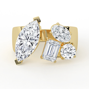 Anillo de declaración asimétrico Avant Garde de oro amarillo de 14K y 18K con banda de diamantes de múltiples formas, tallo abierto y corte marquesa esmeralda - Product Image 2