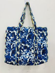 Blue Botanical Handmade Quilted Cotton <b>Boho</b> Style Drawstring Closure Lightweight Shoulder Carry Tote <b>Bag</b> for Women Bulk Export - Product Image 1
