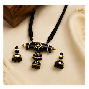 Black Gold Tone <b>Beaded</b> Necklace Set Resin Pendant Jewelry <b>Braided</b> Chain Matching Earrings for Women - Product Image 2