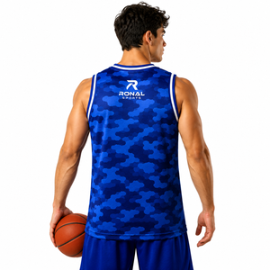 เสื้อบาสเก็ตบอลแขนกุดผู้ชาย RONAL SPORTS สีน้ำเงินลายพราง คอวี ผ้าโพลีเอสเตอร์ซับเหงื่อ คุณภาพดีที่สุด - Product Image 4
