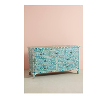 Table de chevet en tissu floral, incrustation d'os, tiroir de poitrine personnalisé de style indien, pour artisanat poli à la main