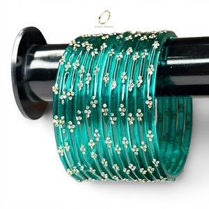 Bracelets en verre kashmiri bleu turquoise de créateur, sertis de perles émeraude et de gouttes de pluie, plaqués argent, pour femmes, pour mariage et occasions festives - Product Image 1