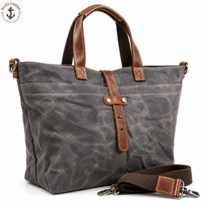 Washed Waxed Canvas Shopping <b>Tote</b> <b>Bag</b> <b>with</b> Carry Handles | Grey Daily Carry <b>Bag</b> <b>with</b> Detachable <b>Shoulder</b> <b>Strap</b> and Snap Closure - Product Image 1