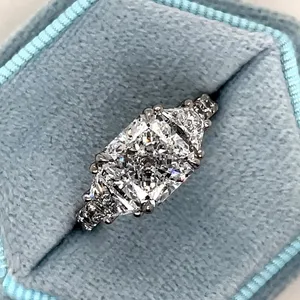 <b>Cushion</b> Cut Moissanite Engagement Ring Three Stone 925 Sterling Silver White Gold Plated Bridal Ring <b>for</b> Women - Product Image 5