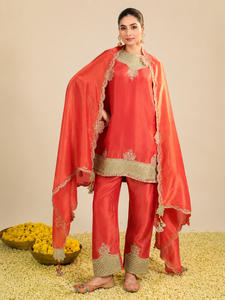 Red Divine Cotton Rayon Woven Draped Flare Sleeve A-Line Elegant Luxurious Breathable Traditional <b>Wedding</b> Summer Spring Formal - Product Image 1