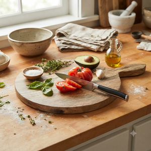 Planche à pizza ronde en bois d'acacia avec poignée, planche à découper en bois, plateau de service pour fromage, cuisine, restaurant, vente en gros - Product Image 3