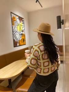 Women's Crocheted Patchwork Cardigan <b>Crop</b> Length Bohemian Style Full Sleeve Open Stitch 100% Acrylic - Product Image 4