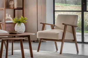 Sillón Moderno de Mediados de Siglo con Estructura de Roble Natural y Tapicería de Lino Suave - Product Image 6