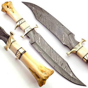 Handmade Camping Bowie <b>Knife</b> with Damascus Steel Clip Point Blade Straight Edge <b>Bone</b> <b>Handle</b> and Leather Sheath - Product Image 1