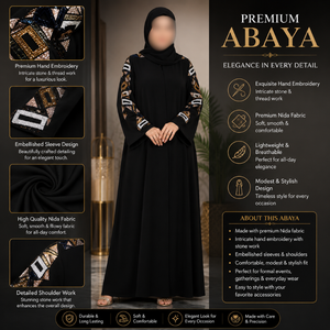 Abaya Modeste de Luxe |   Robe musulmane noire Nida avec manches ornées de pierres brodées à la main, tenue islamique élégante pour femmes - Product Image 5