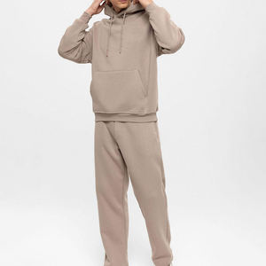 Survêtement léger beige 2-en-1 à capuche pour homme, couleur unie, 100 % coton, coupe décontractée, longueur intégrale, fermeture à cordon sur le côté, idéal pour l'automne - Product Image 2