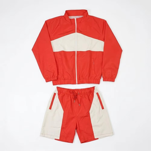 <b>Men's</b> Red And Cream Color Blocking Track <b>Jacket</b> And Shorts Set Sporty Quick Dry Polyester <b>Summer</b> Wear - Product Image 1