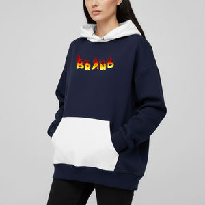 Sudadera con Capucha Oversize para Mujer a Precio Económico, Color Azul Marino y Blanco con Bloques de Color, Estampado de Llama, Manga Larga, Ropa Casual de Otoño - Product Image 1