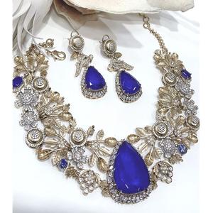 Beautiful Premium Quality Brass Gold Plated Moissanite <b>Statement</b> Fusion <b>Necklace</b> Set with Earrings for Wedding & Party Wear - Product Image 1