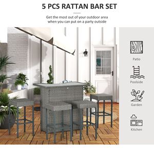 High Top 5-Piece Outdoor Bar <b>Set</b> Rattan Wicker <b>Table</b> <b>and</b> Chairs with 4 Gray Bar <b>Stools</b> 2 Shelves PE Material for Hospital Use - Product Image 6