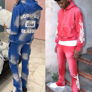 Breathable Custom Logo Distressed Zip Hoodie Pants Faded Tracksuit Pink Puff Printed Rhinestone Embroidery <b>Hip</b> Hop Style Winter - Product Image 6