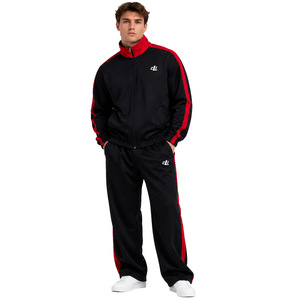 Ensemble de survêtement vintage en coton épais à rayures pour homme, avec veste athlétique à col montant et fermeture éclair intégrale, et pantalon de survêtement à jambes larges, personnalisable avec logo - Product Image 1