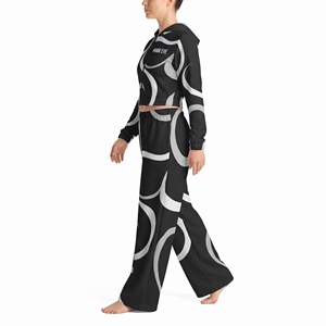Chándal con Capucha de Manga Larga para Mujer, Estampado Geométrico, Negro y Blanco, Casual, Holgado, Transpirable, de Poliéster, con Cierre Frontal - Product Image 3