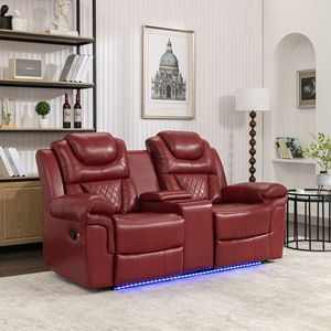 Clinda reclinabile per Home Theater rosso vino con portabicchieri in pelle reclinabile manuale e striscia luminosa a LED per soggiorno - Product Image 1