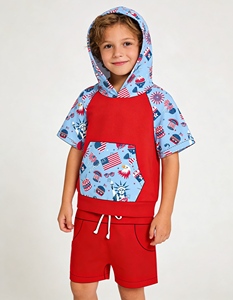 Ropa Deportiva Infantil de Bambú para <span class=keywords><strong>el</strong></span> 4 de Julio |   Conjunto de Pantalones Cortos Deportivos de Verano de Manga Corta - Product Image 1
