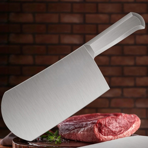 Couteau à viande robuste, lame large arrondie argentée, manche en métal argenté, couteau de boucher pour la découpe de la viande et la préparation - Product Image 3