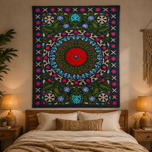 Couvre-lit en coton Suzani fait main exclusif, gris foncé, rose, bleu, broderie florale, style bohème, artisanat indien, décoration d'intérieur - Product Image 4