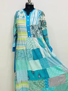 เดรสยาวผ้าฝ้ายทำมือสไตล์วินเทจจากอินเดีย ตกแต่งด้วยผ้าปะติดปะต่อ 100% แขนทรงร่ม สไตล์โบฮีเมียน สำหรับผู้หญิง ใส่สบายๆ ในฤดูใบไม้ร่วงและฤดูร้อน - Product Image 3