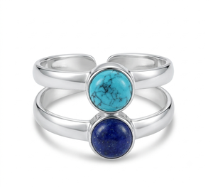 Bague en Lapis Lazuli Bleu et Turquoise en Argent Sterling 925, Double Bande Ajustable, Bijou Bohème Tendance, Cadeau pour Femme, Vente en Gros - Product Image 1